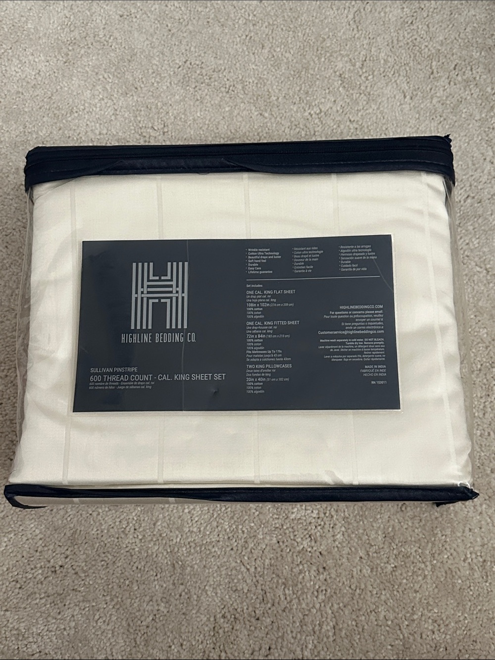 Sullivan Pinstripe 600 TC Cal King Sheet Set - Ivory